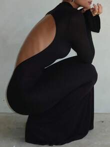 Kliou Simple Classic Solid Backless Maxi Dress Women Elegant O-Neck Evening Long Sleeve Dresses Robe Slim Autumn High Street Bodycon - Black - View 5