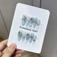 Uñas postizas hechas a mano para usar, nuevas, azul brumoso con efecto ojo de gato, largas, de alta gama, puntas de uñas cola de pez con strass, pegatinas de uñas premium, uñas postizas de presión hechas a mano - Neblina azul - Ver 4
