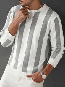 SU ER 1pc Men's Autumn/Winter Casual Striped Knit Top - Light Grey - View 6