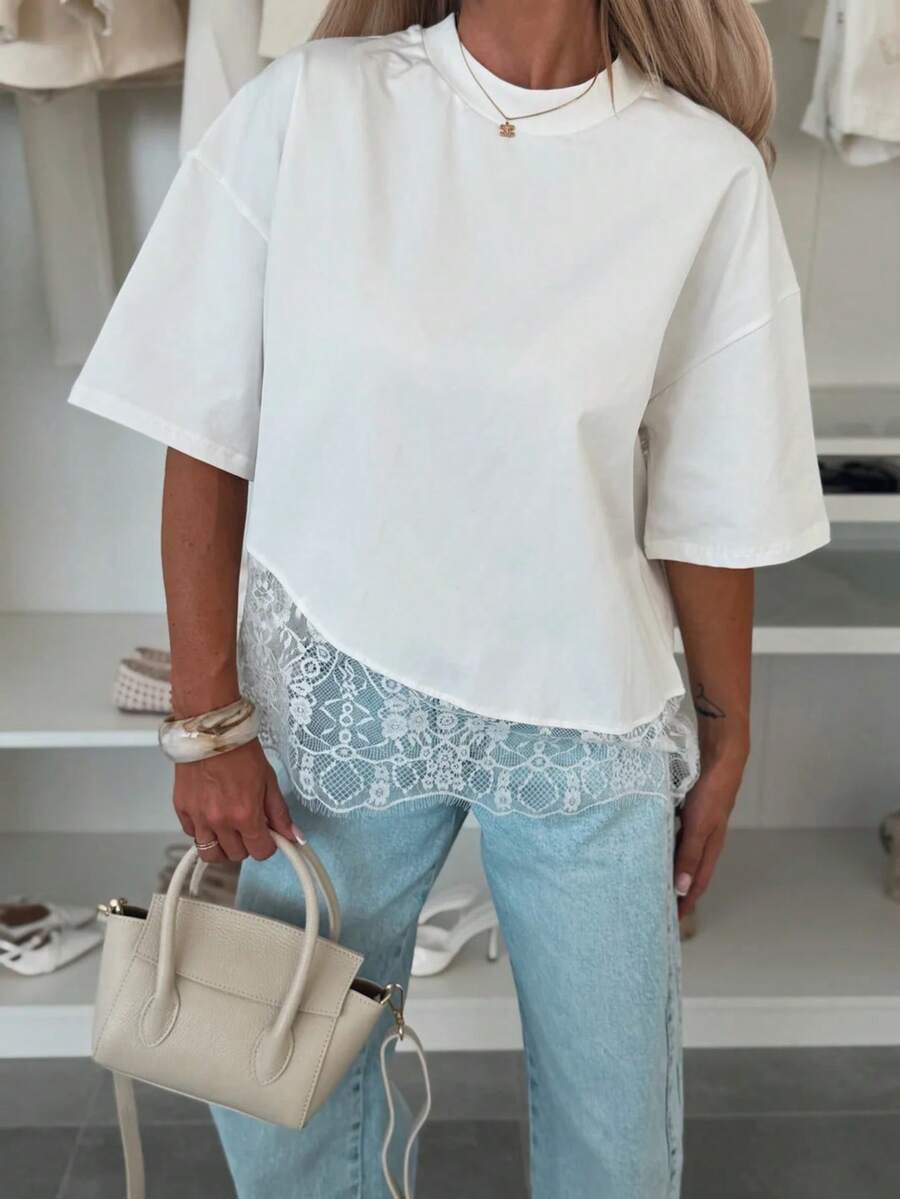 Top de punto de manga corta con cuello redondo de unicolor casual para mujer, con dobladillo de encaje en contraste, de longitud regular, adecuado para uso diario, blanco de verano - Blanco - Ver 1