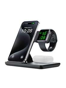 Foldable 3-In-1 Wireless Charging Station, 15W Fast Magnetic Charging Base, Adjustable Dual-Angle Stand, Supports Simultaneous Charging For Qi Phones, Smartwatches And Bluetooth Earphones, Compact Foldable Travel Design, ABS Material With Soft Ambient Indicator Light, Built-In Induction Coil, Stable Charging - Pink - View 1