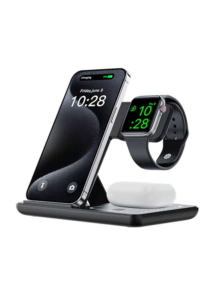 Foldable 3-In-1 Wireless Charging Station, 15W Fast Magnetic Charging Base, Adjustable Dual-Angle Stand, Supports Simultaneous Charging For Qi Phones, Smartwatches And Bluetooth Earphones, Compact Foldable Travel Design, ABS Material With Soft Ambient Indicator Light, Built-In Induction Coil, Stable Charging - Pink - View 1