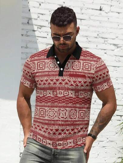 Men's Summer Fashion Versatile Geometric Print Pocket Polo Shirt