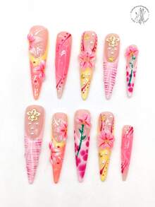 10pcs 55mm Handmade High Heel Nail Art Set, Decorated With Shells, Pearls, Flowers And Floral Crowns, Suitable For Women And Girls, Valentine's Day, Parties, Holidays And Daily Wear. Nail Art Accessories, Acrylic Nail Art Set, Including Set, Press-On Nails, Fake Nail Stickers And Nail Supplies. Press-On Nails - Multicolor - View 2