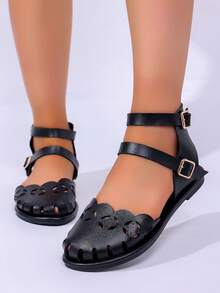 Vintage Hollow Toe Women's Flat Sandals, Solid Color Faux Leather Upper, Double Buckle Heel Strap, Casual Vacation, Lightweight And Breathable - Black Buckle - View 4