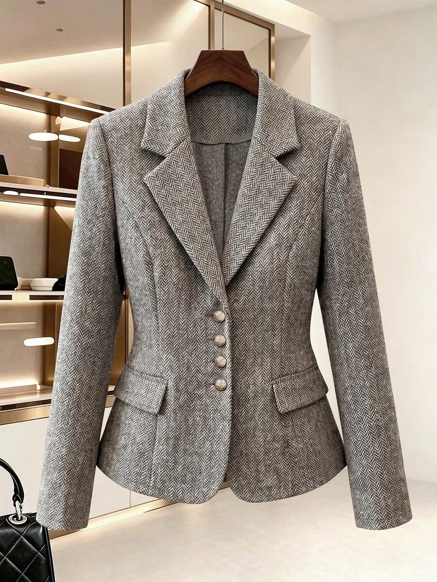 Women's Autumn/Winter Commute Casual Daily Herringbone Wool Single-Breasted Slim Fit Long Sleeve Blazer - Khaki - View 1