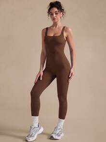 VVX Women's Yoga Jumpsuit Square Neck Backless Tummy Control Butt Lifting, Seamless Ribbed Sleeveless Workout Shorts Unitard For Gym Sports Dailywear - Brown - View 5