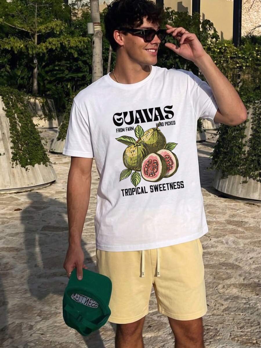 Herren Sommer Casual Loose Anzug, erfrischende Sommerstimmung, GUAVAS Guave Muster Kurzarm T-Shirt & Shorts mit Gummibund, geeignet für Zuhause, Outdoor, Stadt, jugendlich, minimalistisch, retro, vielseitig, Qualität, personalisiert, sportlich - Verschiedenfarbig - Übersicht 1