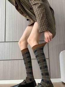 3 Pairs Women's British Academy Style Knee-High Socks, Striped Plaid Print Vintage Calf Socks, Soft Comfortable Versatile, Suitable For Autumn And Winter - Multicolor - View 5