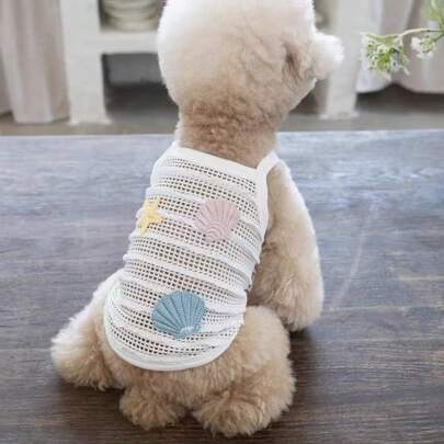 夏季鏤空細肩帶背心刺繡貝殼透氣泰迪比熊犬貓寵物衣服，適合小型犬與超小型犬