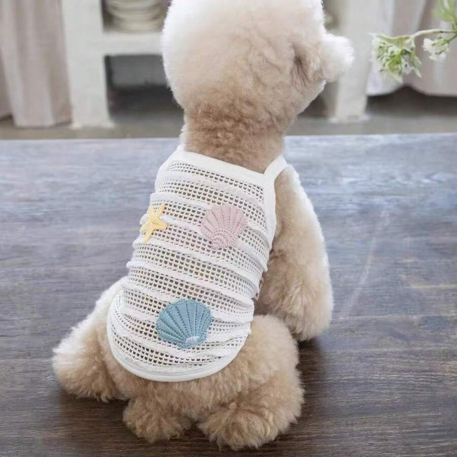 Camiseta de tirantes finos con diseño calado de verano, bordado de concha, transpirable, ropa para mascotas Teddy Bichon perro gato para perros pequeños y extra pequeños - Blanco - Ver 1