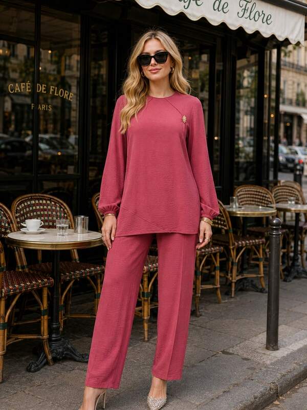 Textured Two Piece Tunic And Pants Set