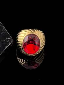 SEEKGLEE 1Pc Golden Plated Women's Statement Ring, Red Cubic Zirconia Inlay, Vintage Striped Textured Band, Fashion Jewelry For Daily Party Wear - Gold Ring - View 3