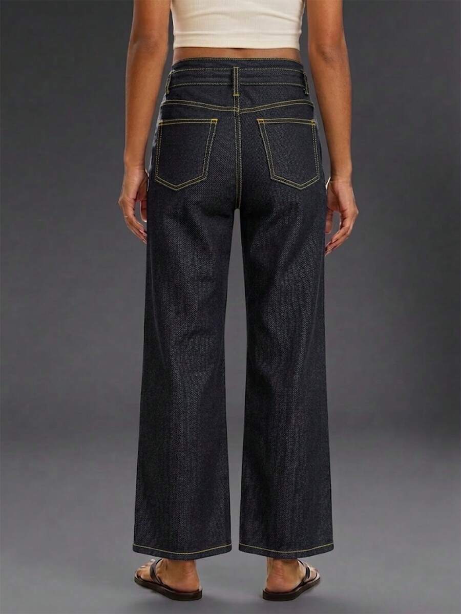 Nuevos jeans rectos con cinturón de mujer, de pierna recta, elásticos, de estilo casual en color negro para primavera - Negro - Ver 1