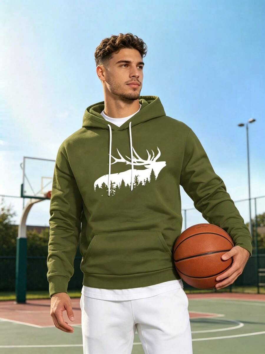 JUNQi Olive Green Deer Mountain Forest Silhouette Sweatshirt, Wildlife Nature Print Drawstring Sweatshirt, Lightweight Pullover, Comfortable Outdoor Hunting - Multicolor - View 1
