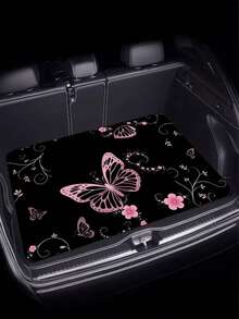 1 pieza Alfombra para maletero de coche con patrón de mariposa rosa & floral de poliéster, esencial para viajes, apta para múltiples modelos de coche, ajuste perfecto para la decoración interior de tu coche - A - Ver 1