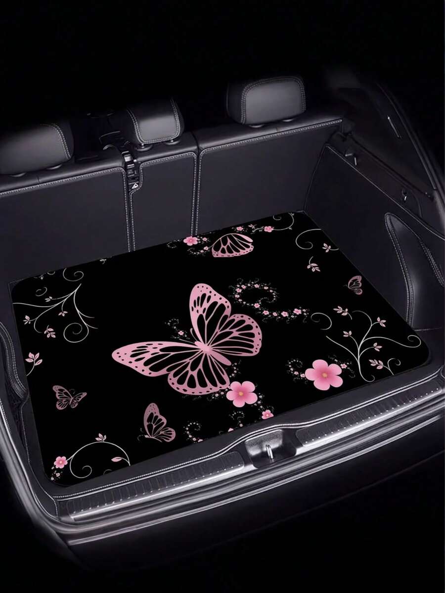 1 pieza Alfombra para maletero de coche con patrón de mariposa rosa & floral de poliéster, esencial para viajes, apta para múltiples modelos de coche, ajuste perfecto para la decoración interior de tu coche - A - Ver 1