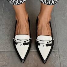 Women's Plus Size Color Block Pointed Toe Loafers - Slip-On Low Heel Flat Shoes With Upper & TPR Sole, Suitable For Office, Casual, Business Wear - Black and White+Cow Pattern - View 2