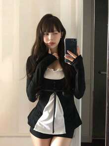 Korean Style Minimalist Tie-Up Tummy-Covering Colorblock Patchwork Ruffle Long Sleeve T-Shirt Top For Women - Black - View 1