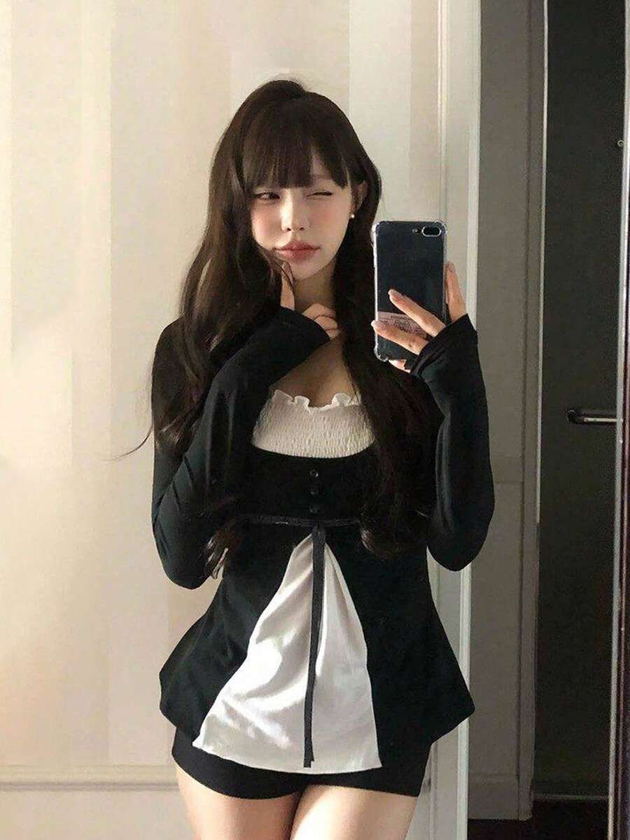 Korean Style Minimalist Tie-Up Tummy-Covering Colorblock Patchwork Ruffle Long Sleeve T-Shirt Top For Women - Black - View 1