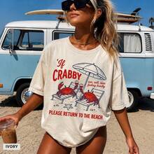 1 Stk. lässiges, elegantes Damen-T-Shirt aus 100 % Baumwolle, Retro-Print "If Crabby Please Return To The Beach" mit Krabben-Motiv, Sommer-Oberteil für Reisen, Flughafen & Streetwear, lustiges Strand-T-Shirt - Weiss - Übersicht 1