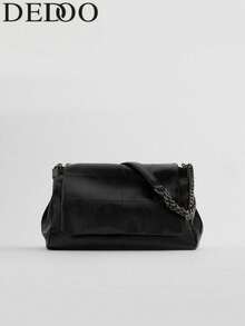 1pc Handbag Premium Selection Solid Color PU Material Fashion Clown Handbag New Black Rock Style Flap Bag Large Capacity Commuter Bag - Black - View 5