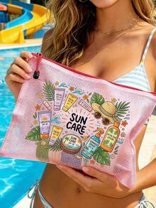 「SUN CARE」印花時尚防水 PVC 沙灘包，彩色字母印花，A4 尺寸，透明化妝包配尼龍拉鍊，適合游泳、潛水與夏季度假，輕量，年輕成人通用，沙灘包配件，旅行必需品，旅行配件，假期必需品，假期旅行包 - 彩色 - 查看 5