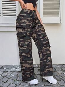 Camo Print Flap Pocket Cargo Pants Casual Spring - Army Green - View 2