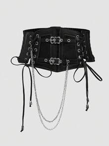 MortiRose 1pc Women's Dark Punk Style PU Leather Elastic Drawstring Waist Belt, Suitable For Halloween Night Party, Gathering Or Daily Wear - Black - View 13