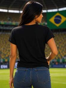 Women's T-Shirt With Brazilian Flag In Rhinestones, World Cup 2026 - 黑色 - 查看 10