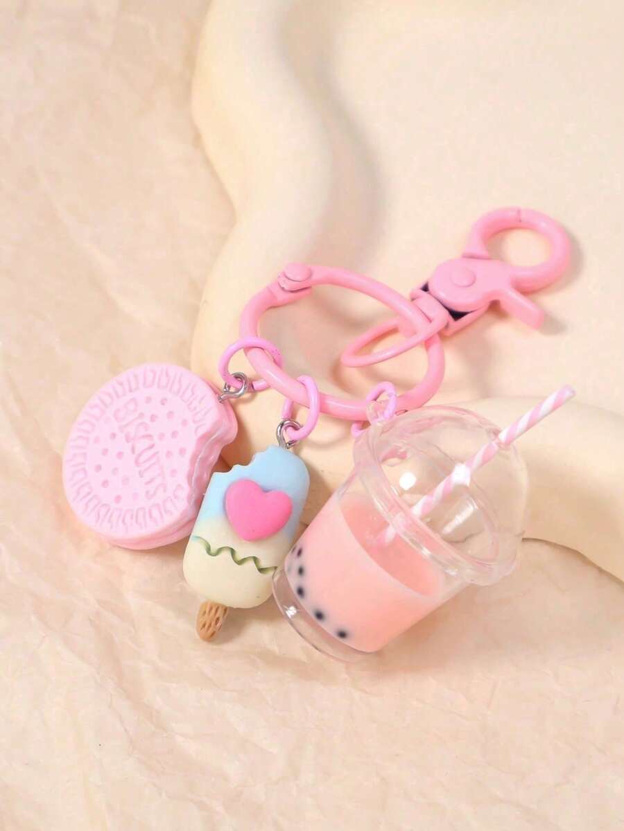 1pc Cute Cookie Ice Cream Pearl Milk Tea Keychain Set, Pink Sweet Girl Style Pendant, Handbag Decoration For Girls And Girl, Friendship Gift Jewelry - A - View 1