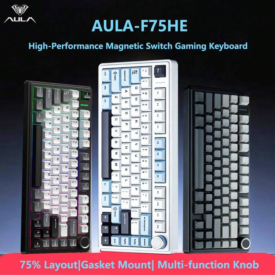 AULA F75HE Mechanical Keyboard With 2.4G/Bluetooth/5.3 Wireless Connectivity, Hot-Swappable, RGB Backlight, Multi-Function Knob, 4000mAh Battery, And 8K Polling Rate For Gaming