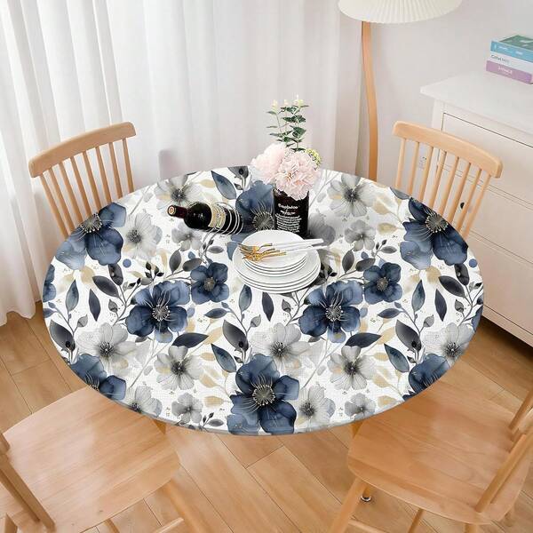 Round Tablecloth With Elastic Edge, 44-48 Inch Patio Table Cover, Wrinkle-Resistant, Suitable For Picnic, Camping, Indoor And Outdoor, Deep Blue Floral