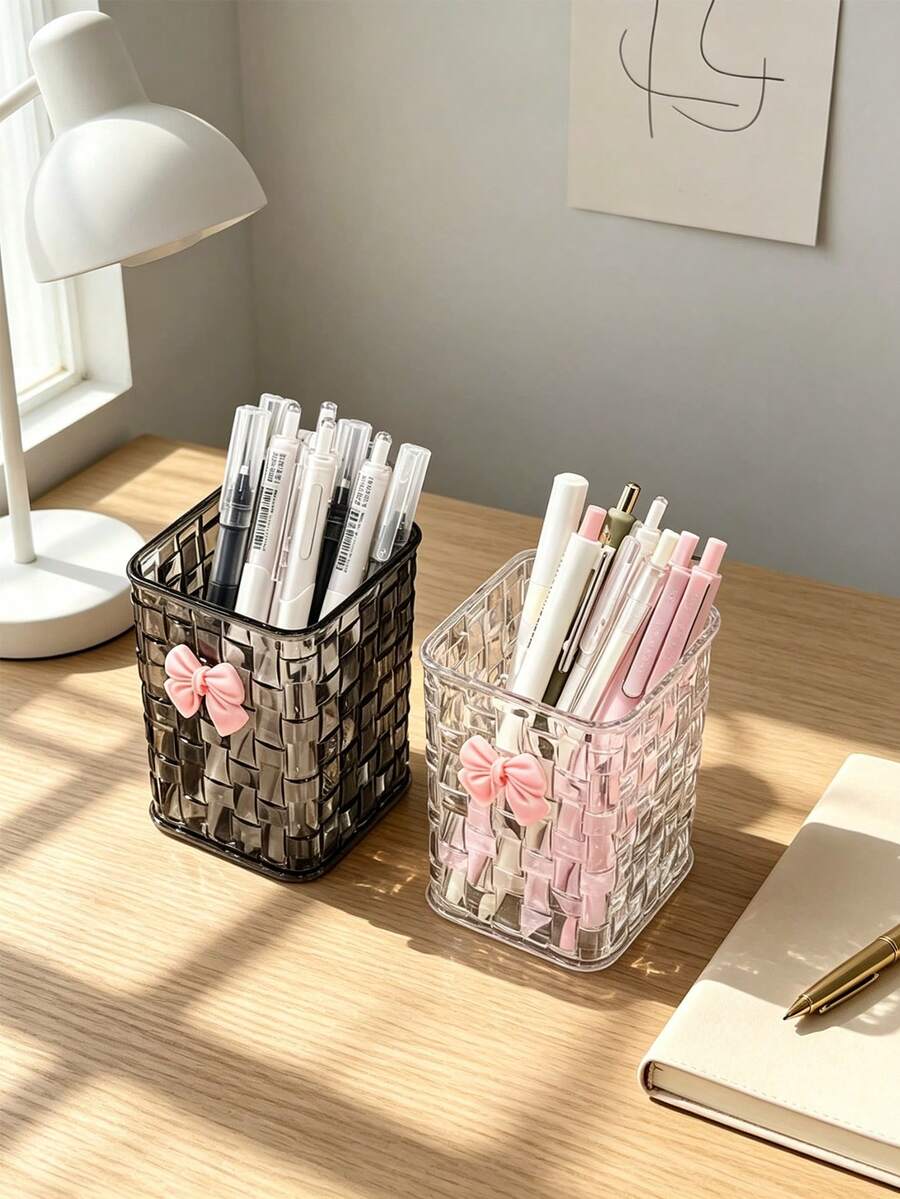2pcs/1pc Ins Luxury Woven Square Pen Holder With Cute Bow Decoration, Student Desk Organizer, Office Large Capacity Pen Holder, Makeup Brush Holder, Multi-Function Storage Container - Rectangle - View 1