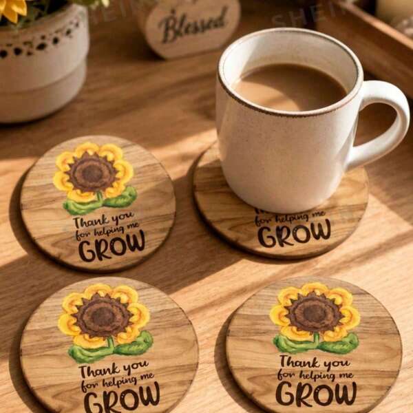 6pcs 2D Flat "Thank You For Helping Me Grow" Sunflower Wooden Coasters, Teacher's Day Gift, Round Coasters, Suitable For Classroom, Home Office, Back To School Decor, Desk Decor, Thank You Gift, Expressing And Positive Energy