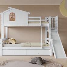 Bunk Bed With Distinctive Windows And Four-Step Tilting Stairs, Children's And Mother's Bed With Slide - White - View 4