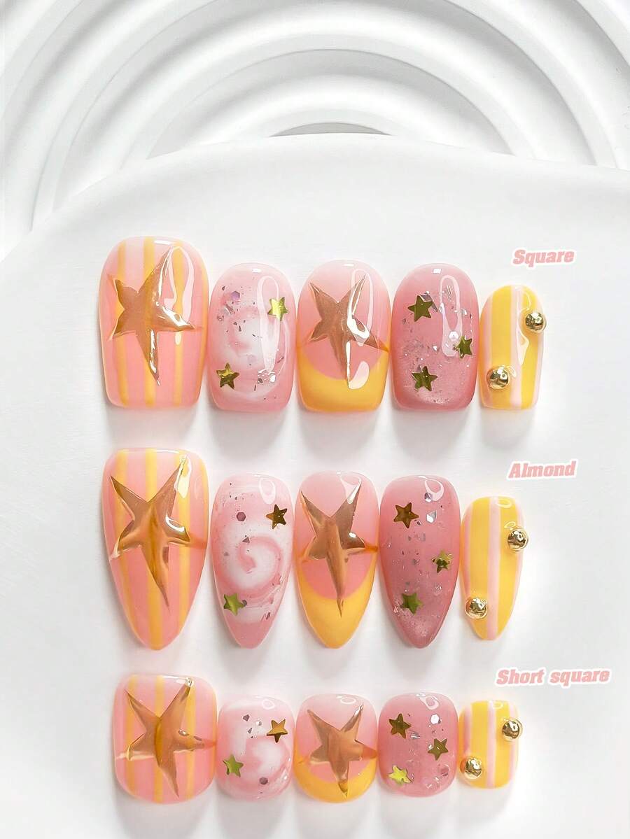 10片手工穿戴式美甲,Polygel美甲套組,星星、線條與貓眼設計,黃色與白色,極簡風格,附美甲工具,3種尺寸可選,方形、短方形、杏仁形,適合派對、跳舞、日常配戴 - 彩色 - 查看 1