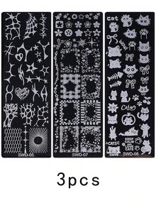 3件組 Y2K風格美甲熱燙印板，不對稱線條、蝴蝶結與星星，可愛貓咪不對稱蕾絲圖案雕刻美甲模板，DIY美甲初學者美甲工具 - 銀色 - 查看 12