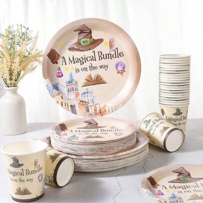 Hasbro A Magical Bundle Is On The Way Wizard Disposable Tableware Set, 9 Inch & 7 Inch Paper Plates Paper Cups, Magical Wizard Castle Theme Gender Reveal Party Table Decor Supplies