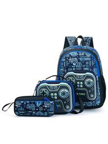 3pcs Game Controller Pattern Backpack Set, Includes Insulated Lunch Bag And Pencil Case, Large Capacity Multi-Layer Waterproof School Bag, Suitable For School - Multicolor - View 13