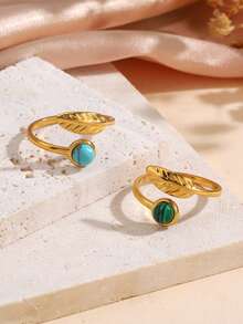 2pcs Stainless Steel Vintage Leaf Open Ring, Natural Turquoise Malachite 18K Gold Plated Adjustable Niche Fresh Finger Ring, Suitable For Women To Wear On Dates And Shopping. - Multicolor - View 3