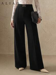 ALIAO Autumn/Winter Metal Decor Urban Minimalist Commuter Casual Versatile Wide Leg Long Pants - Black - View 1