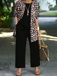 Plus Size Women's Fashionable Leopard Print Elegant 3 Pieces Set Vacation - Black - View 1