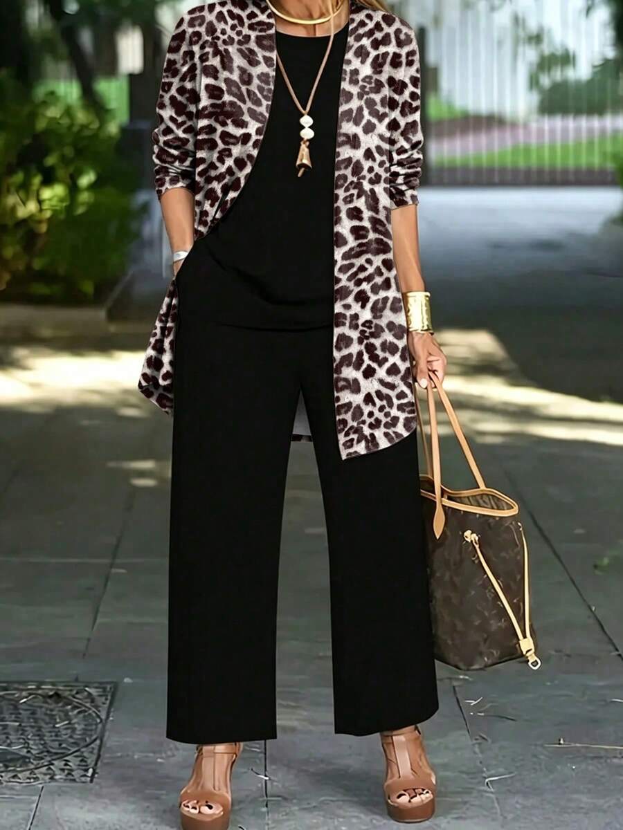 Plus Size Women's Fashionable Leopard Print Elegant 3 Pieces Set Vacation - Black - View 1