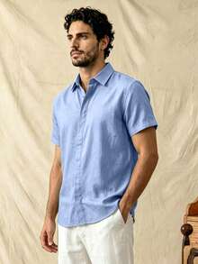 glestore 男士復古風老錢風亞麻質感純色鈕扣短袖襯衫，四季休閒百搭單品 - 藍色 - 查看 4