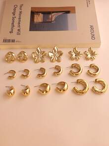 6/18pcs Asymmetrical Geometric C-Shape Floral Classic Earring Set, Fashionable CCB Earrings, Retro Chic Daily Wear Jewelry - Perfect Gift For Party, Date, Holiday - Gold - View 7