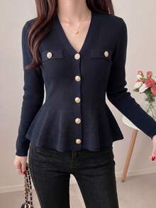 Navy Blue Knitted Cardigan Women's Autumn/Winter New Style Gold Button Waist-Cinched Ruffle V-Neck Sweater Jacket Elegant Commuter Slimming Fall - Navy Blue - View 7