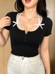 2026 Summer New Sweet Solid Color 3D Floral Hollow Sexy Knit Short Sleeve Top, Girly Ruffled Hem Cropped Cardigan Black - Black - View 4