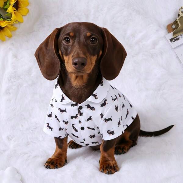 1 pieza Ropa para mascotas con estampado de perro salchicha, camisa de punto suave y transpirable con botones, adecuada para perros y gatos, uso en primavera/verano, se ajusta a razas extra pequeñas, pequeñas y medianas, compatible con Pomerania, Chihuahua, Yorkshire Terrier, Perro Salchicha, Caniche y otros cachorros/gatitos, uso diario, atuendo para fiestas y sesiones de fotos