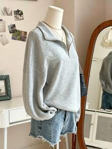8-12 Years Old Girls Solid Color Half-Zip Collar Sweatshirt, Casual Drop Shoulder Long Sleeve Pullover Sweatshirt, Basic Loose Fit Top, Suitable For School Daily Wear - Grey - View 4